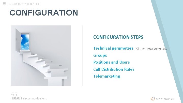 FIDELITY CONTACT CENTER CONFIGURATION STEPS Technical parameters (CTI link, vocal server, etc. ) Groups FIDELITY CONTACT CENTER CONFIGURATION STEPS Technical parameters (CTI link, vocal server, etc. ) Groups