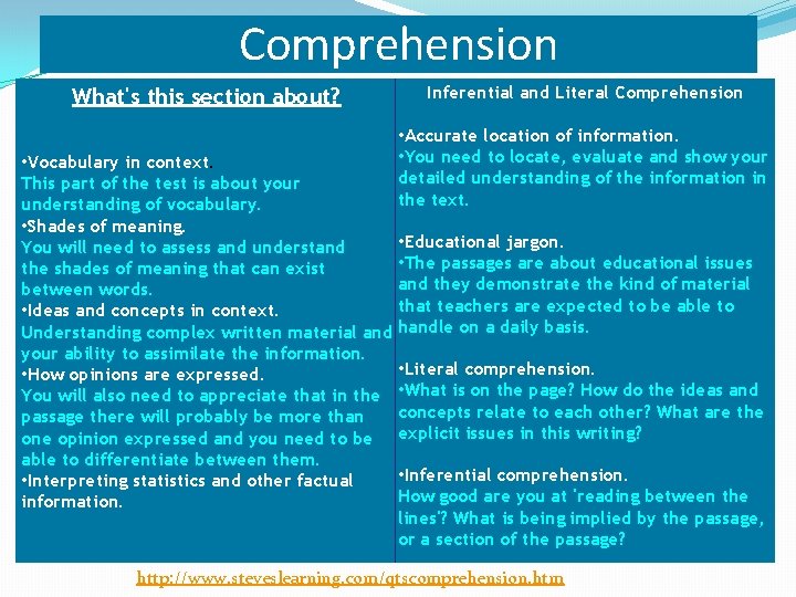 Comprehension What's this section about? • Vocabulary in context. This part of the test Comprehension What's this section about? • Vocabulary in context. This part of the test