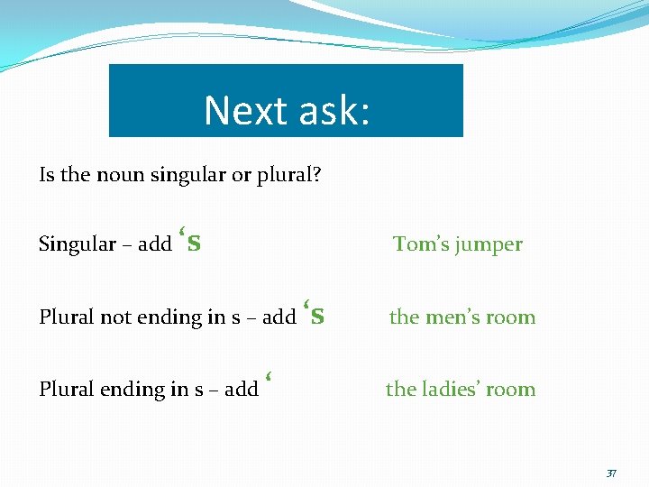 Next ask: Is the noun singular or plural? Singular – add ‘s Tom’s jumper Next ask: Is the noun singular or plural? Singular – add ‘s Tom’s jumper
