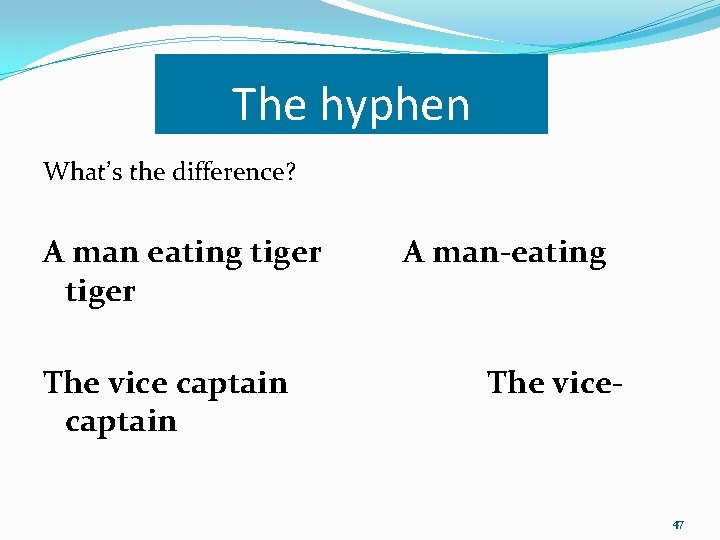 The hyphen What’s the difference? A man eating tiger A man-eating The vice captain The hyphen What’s the difference? A man eating tiger A man-eating The vice captain