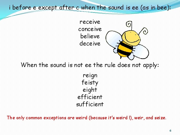 i before e except after c when the sound is ee (as in bee): i before e except after c when the sound is ee (as in bee):