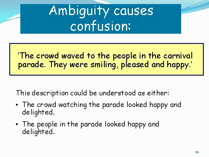 Ambiguity causes confusion: ‘The crowd waved to the people in the carnival parade. They Ambiguity causes confusion: ‘The crowd waved to the people in the carnival parade. They
