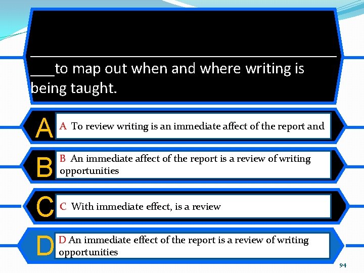___________________ ___to map out when and where writing is being taught. A B C ___________________ ___to map out when and where writing is being taught. A B C