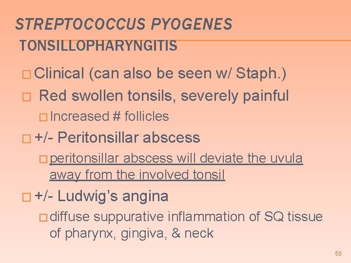 STREPTOCOCCUS PYOGENES TONSILLOPHARYNGITIS � Clinical � (can also be seen w/ Staph. ) Red