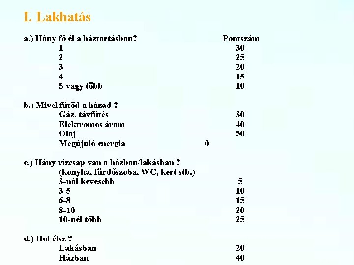 I. Lakhatás a. ) Hány fő él a háztartásban? 1 2 3 4 5