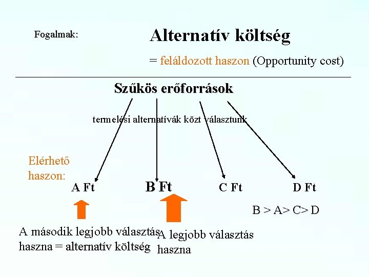 Alternatív költség Fogalmak: = feláldozott haszon (Opportunity cost) Szűkös erőforrások termelési alternatívák közt választunk