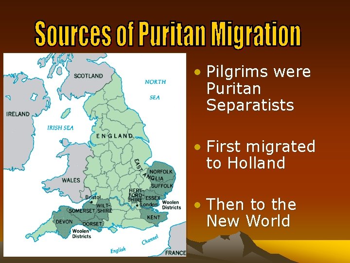  • Pilgrims were Puritan Separatists • First migrated to Holland • Then to