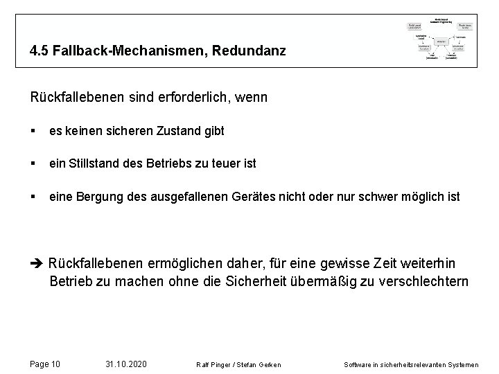 4. 5 Fallback-Mechanismen, Redundanz Rückfallebenen sind erforderlich, wenn § es keinen sicheren Zustand gibt