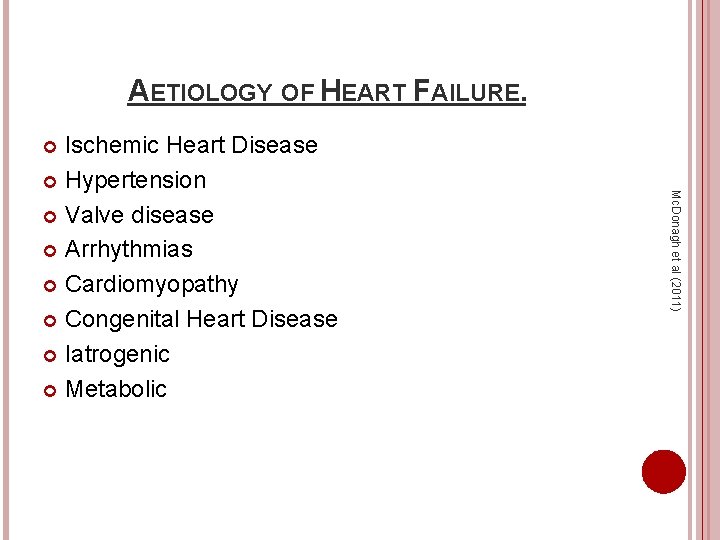 AETIOLOGY OF HEART FAILURE. Ischemic Heart Disease Hypertension Valve disease Arrhythmias Cardiomyopathy Congenital Heart