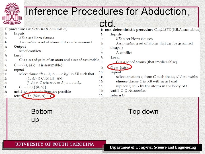 Inference Procedures for Abduction, ctd. Bottom up UNIVERSITY OF SOUTH CAROLINA Top down Department