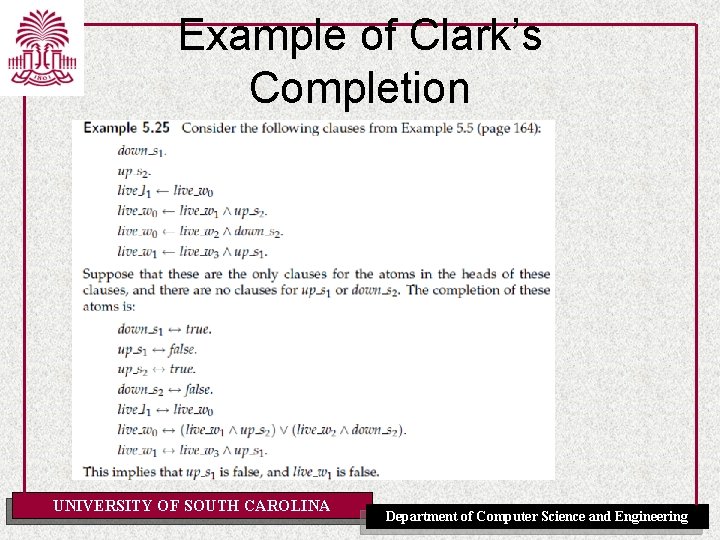 Example of Clark’s Completion UNIVERSITY OF SOUTH CAROLINA Department of Computer Science and Engineering