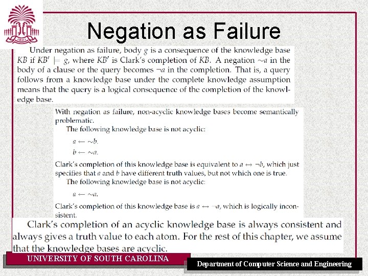 Negation as Failure UNIVERSITY OF SOUTH CAROLINA Department of Computer Science and Engineering 