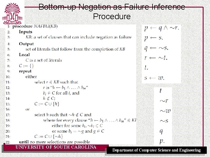 Bottom-up Negation as Failure Inference Procedure UNIVERSITY OF SOUTH CAROLINA Department of Computer Science