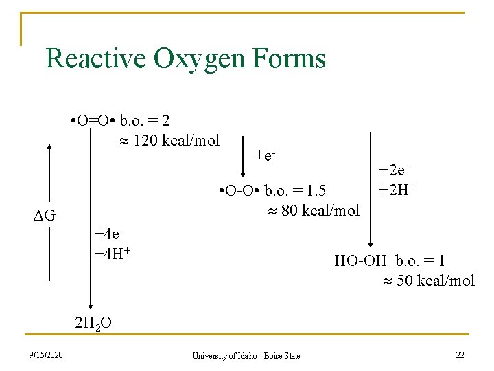 Reactive Oxygen Forms • O=O • b. o. = 2 120 kcal/mol +e- • Reactive Oxygen Forms • O=O • b. o. = 2 120 kcal/mol +e- •