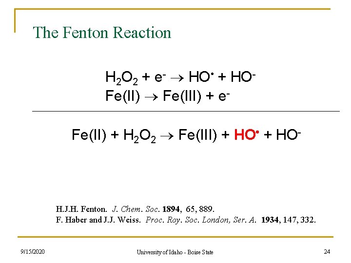 The Fenton Reaction H 2 O 2 + e- HO • + HOFe(II) Fe(III) The Fenton Reaction H 2 O 2 + e- HO • + HOFe(II) Fe(III)