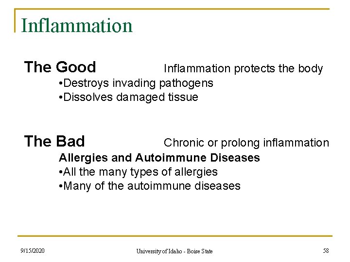 Inflammation The Good Inflammation protects the body • Destroys invading pathogens • Dissolves damaged Inflammation The Good Inflammation protects the body • Destroys invading pathogens • Dissolves damaged