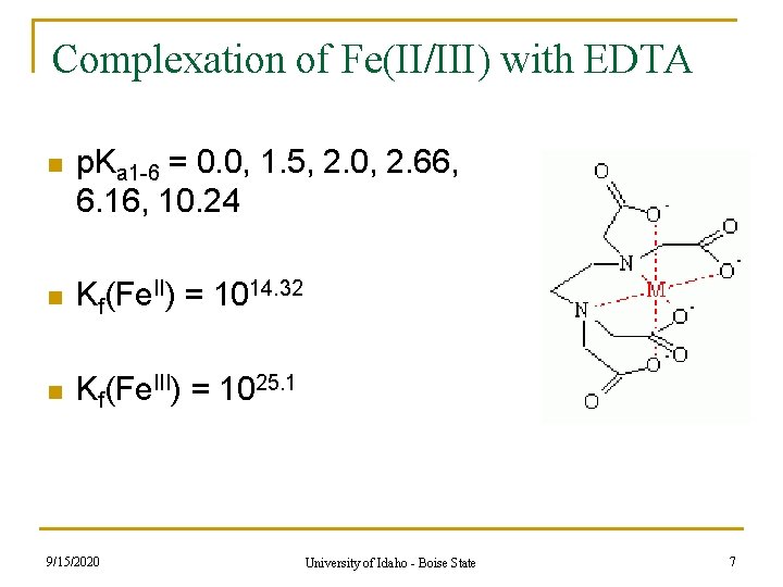 Complexation of Fe(II/III) with EDTA n p. Ka 1 -6 = 0. 0, 1. Complexation of Fe(II/III) with EDTA n p. Ka 1 -6 = 0. 0, 1.