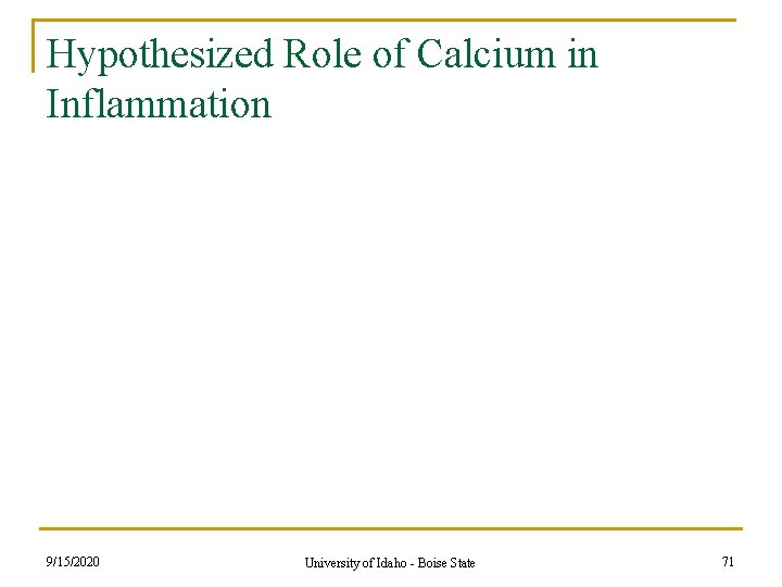 Hypothesized Role of Calcium in Inflammation 9/15/2020 University of Idaho - Boise State 71 Hypothesized Role of Calcium in Inflammation 9/15/2020 University of Idaho - Boise State 71