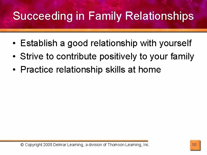 Succeeding in Family Relationships • Establish a good relationship with yourself • Strive to