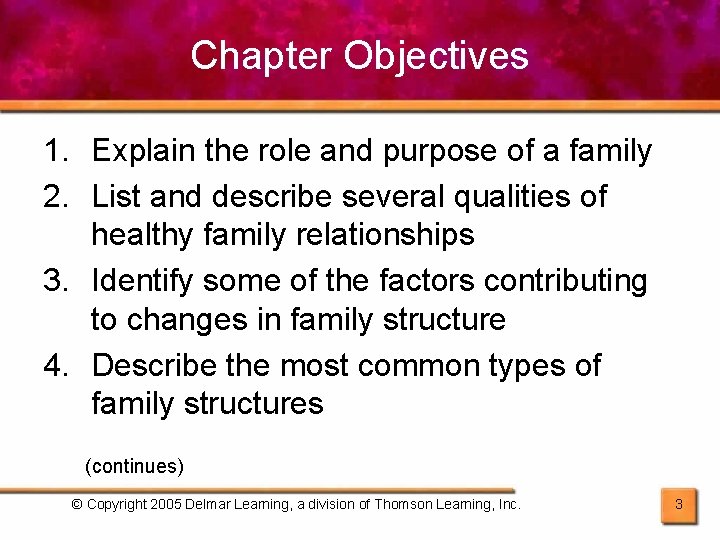 Chapter Objectives 1. Explain the role and purpose of a family 2. List and