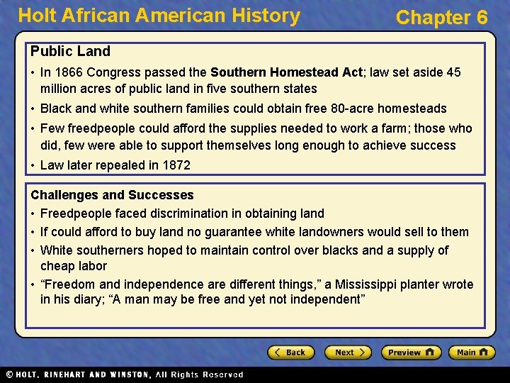 Holt African American History Chapter 6 Public Land • In 1866 Congress passed the