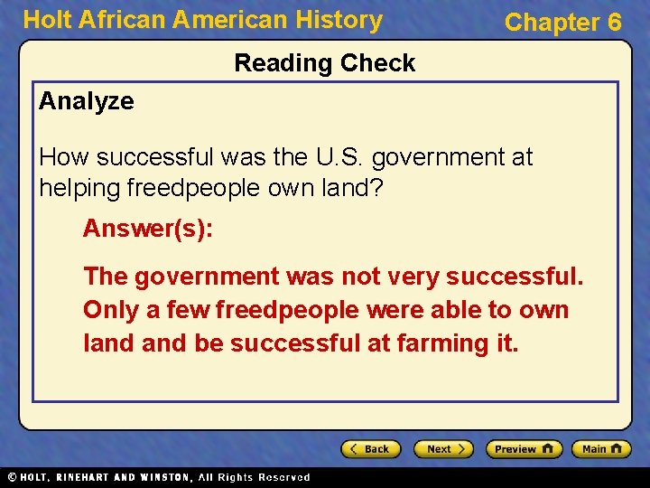 Holt African American History Chapter 6 Reading Check Analyze How successful was the U.