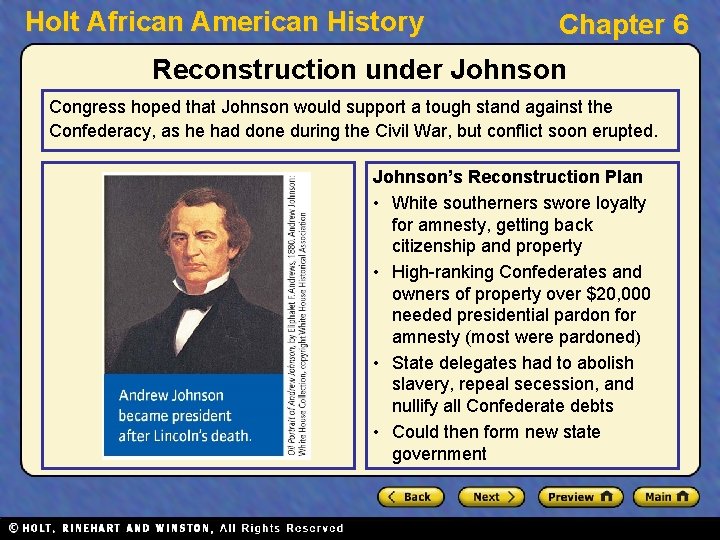 Holt African American History Chapter 6 Reconstruction under Johnson Congress hoped that Johnson would