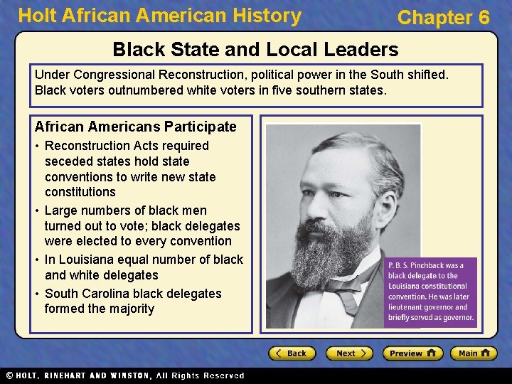 Holt African American History Chapter 6 Black State and Local Leaders Under Congressional Reconstruction,