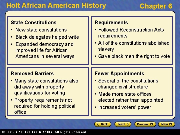 Holt African American History Chapter 6 State Constitutions • New state constitutions • Black
