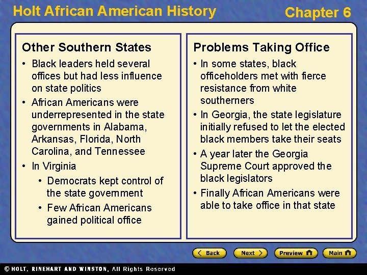 Holt African American History Chapter 6 Other Southern States Problems Taking Office • Black