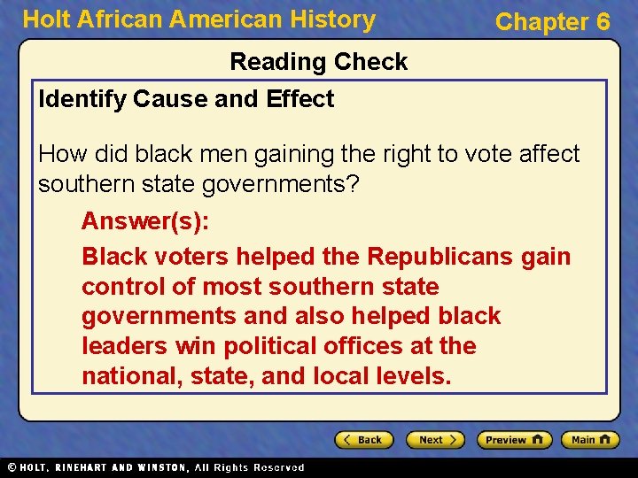 Holt African American History Chapter 6 Reading Check Identify Cause and Effect How did