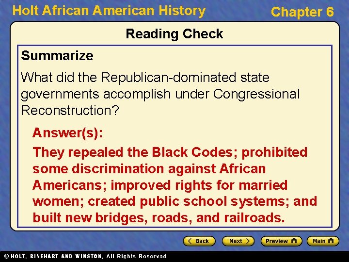 Holt African American History Chapter 6 Reading Check Summarize What did the Republican-dominated state