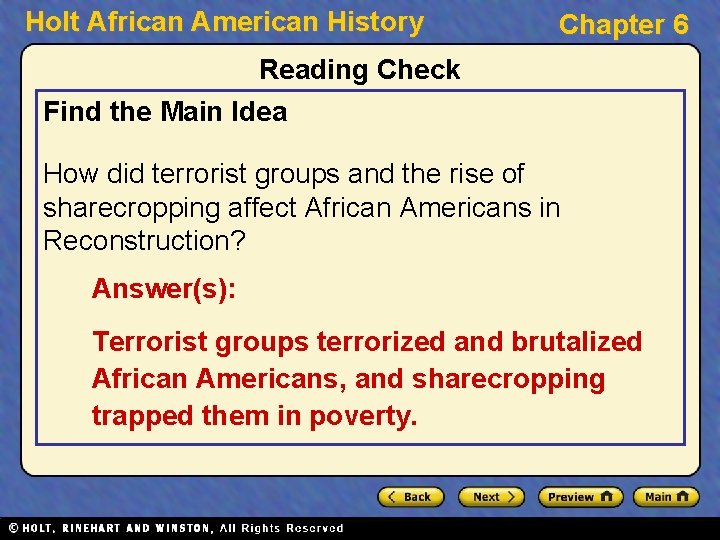Holt African American History Chapter 6 Reading Check Find the Main Idea How did