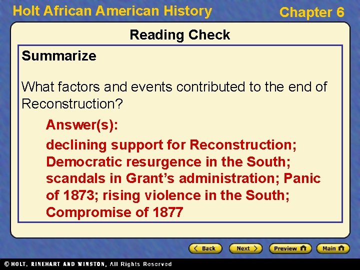 Holt African American History Chapter 6 Reading Check Summarize What factors and events contributed