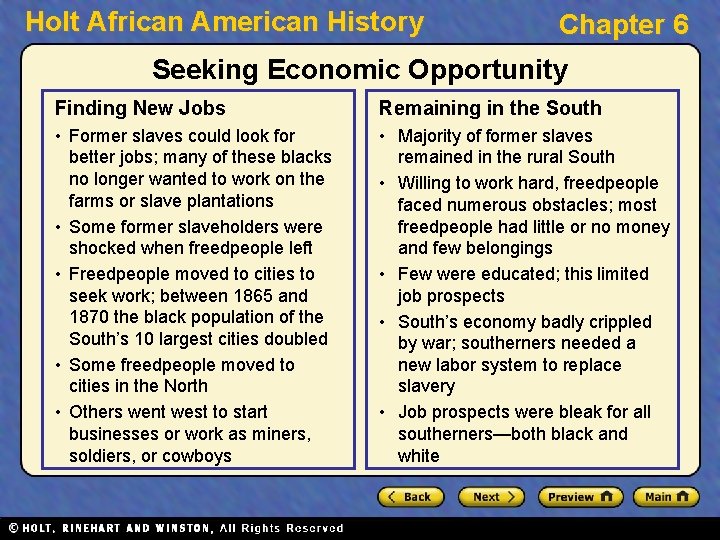 Holt African American History Chapter 6 Seeking Economic Opportunity Finding New Jobs Remaining in