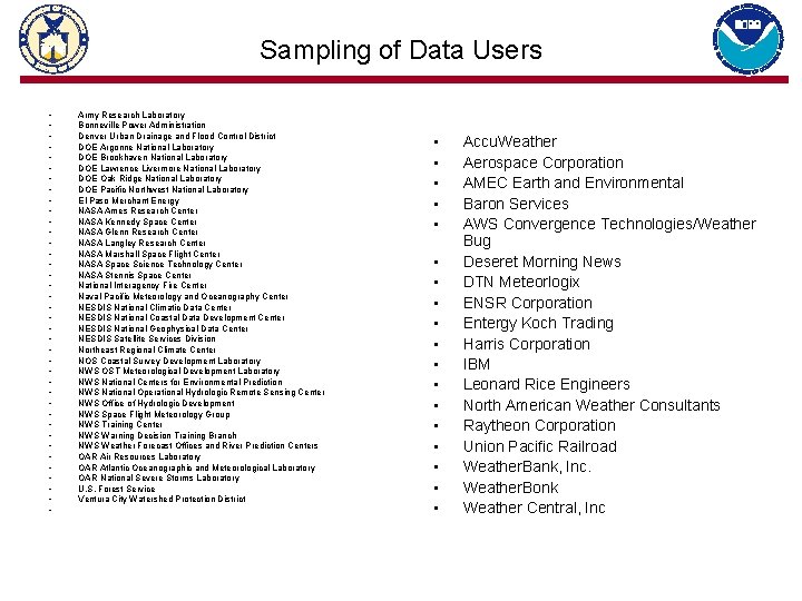 Sampling of Data Users • • • • • • • • • •