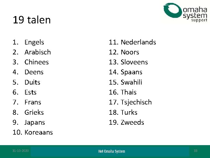 19 talen 1. Engels 2. Arabisch 3. Chinees 4. Deens 5. Duits 6. Ests