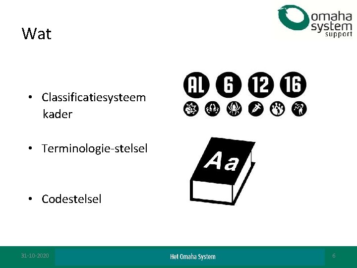 Wat • Classificatiesysteem kader • Terminologie-stelsel • Codestelsel 31 -10 -2020 6 