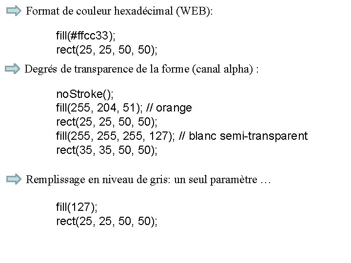 Format de couleur hexadécimal (WEB): fill(#ffcc 33); rect(25, 50, 50); Degrés de transparence de