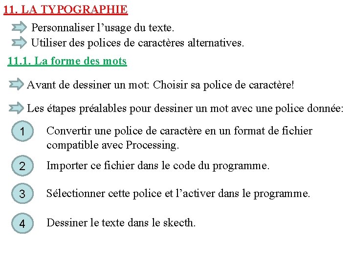 11. LA TYPOGRAPHIE Personnaliser l’usage du texte. Utiliser des polices de caractères alternatives. 11.