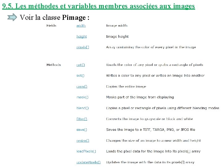 9. 5. Les méthodes et variables membres associées aux images Voir la classe Pimage