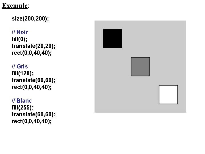 Exemple: size(200, 200); // Noir fill(0); translate(20, 20); rect(0, 0, 40); // Gris fill(128);