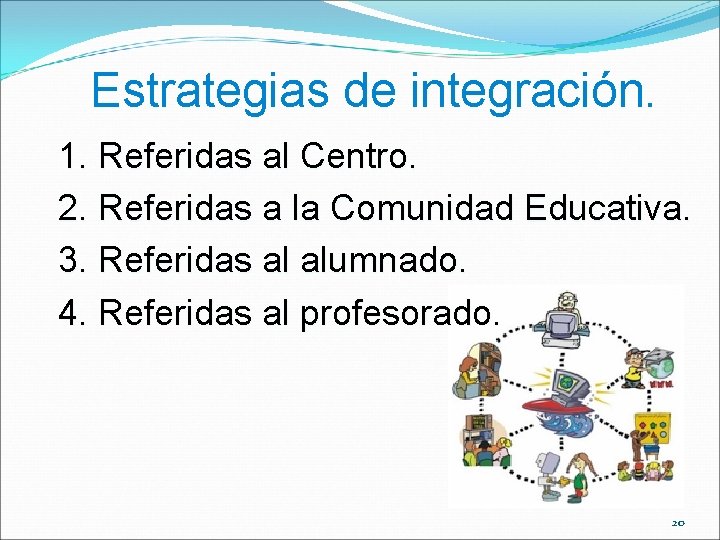 Estrategias de integración. 1. Referidas al Centro. 2. Referidas a la Comunidad Educativa. 3.