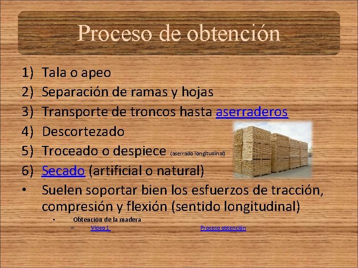 Proceso de obtención 1) 2) 3) 4) 5) 6) • Tala o apeo Separación