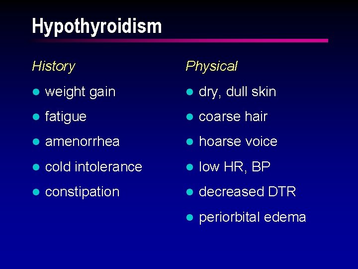 Hypothyroidism History Physical l weight gain l dry, dull skin l fatigue l coarse