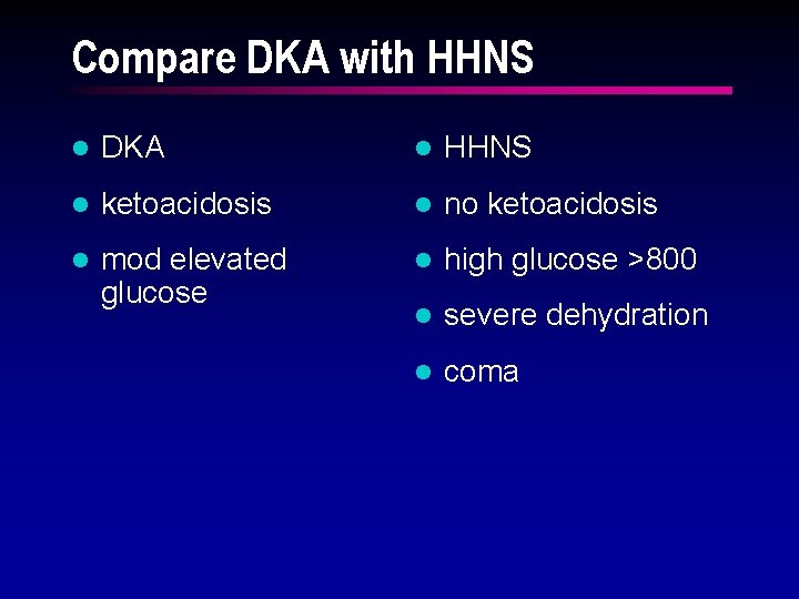 Compare DKA with HHNS l DKA l HHNS l ketoacidosis l no ketoacidosis l