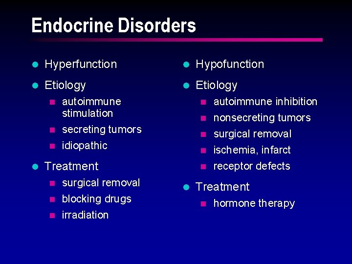 Endocrine Disorders l Hyperfunction l Hypofunction l Etiology autoimmune stimulation n secreting tumors n