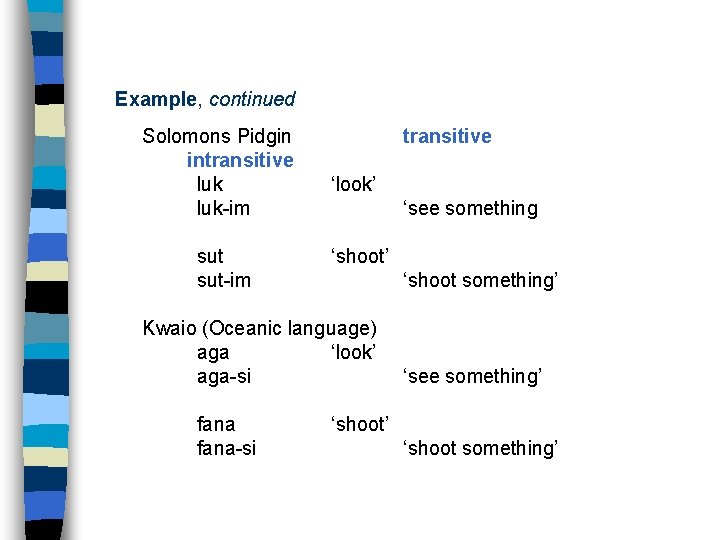 Example, continued Solomons Pidgin intransitive luk-im sut-im transitive ‘look’ ‘see something ‘shoot’ ‘shoot something’