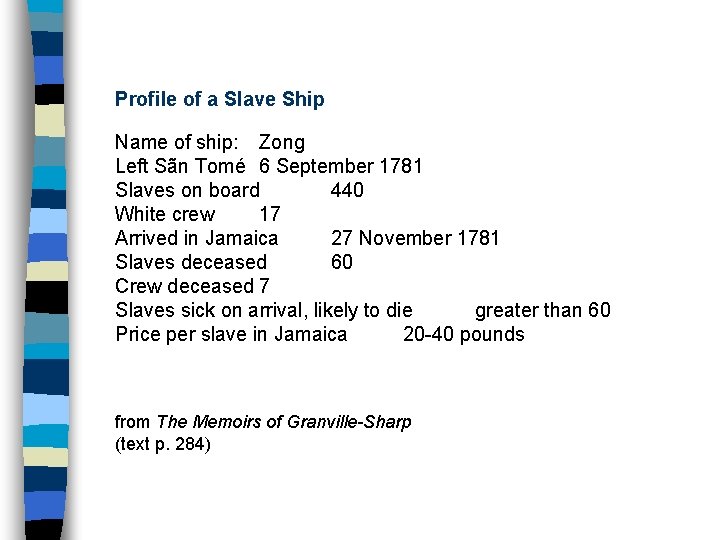 Profile of a Slave Ship Name of ship: Zong Left Sãn Tomé 6 September