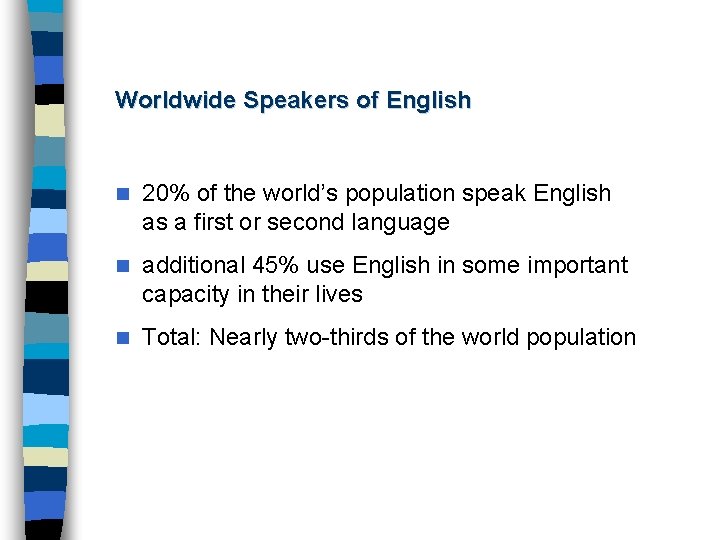 Worldwide Speakers of English n 20% of the world’s population speak English as a